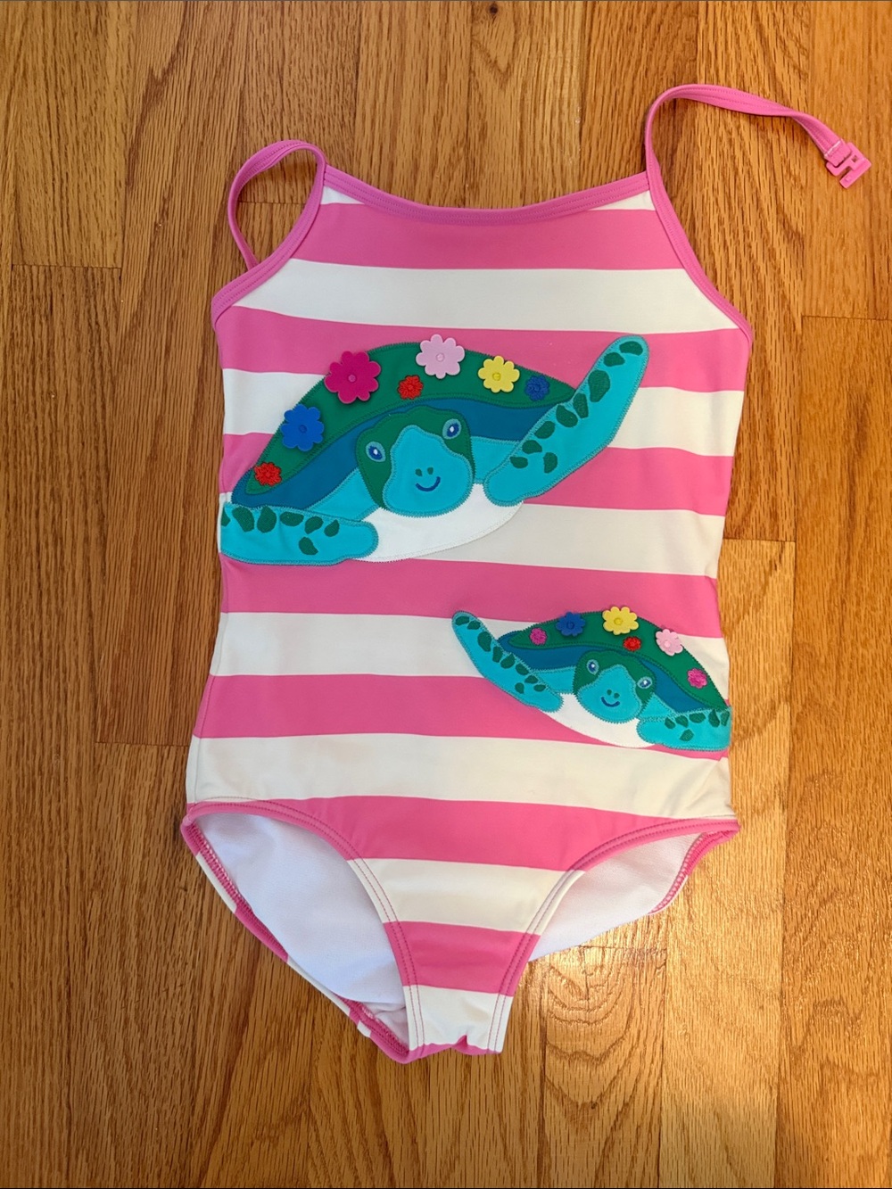 Mini Boden Pink and White Striped Turtle Swimsuit
